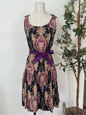 Mango Suit Baroque Print Fit & Flare Dress XS Purple Gold Navy Sleeveless